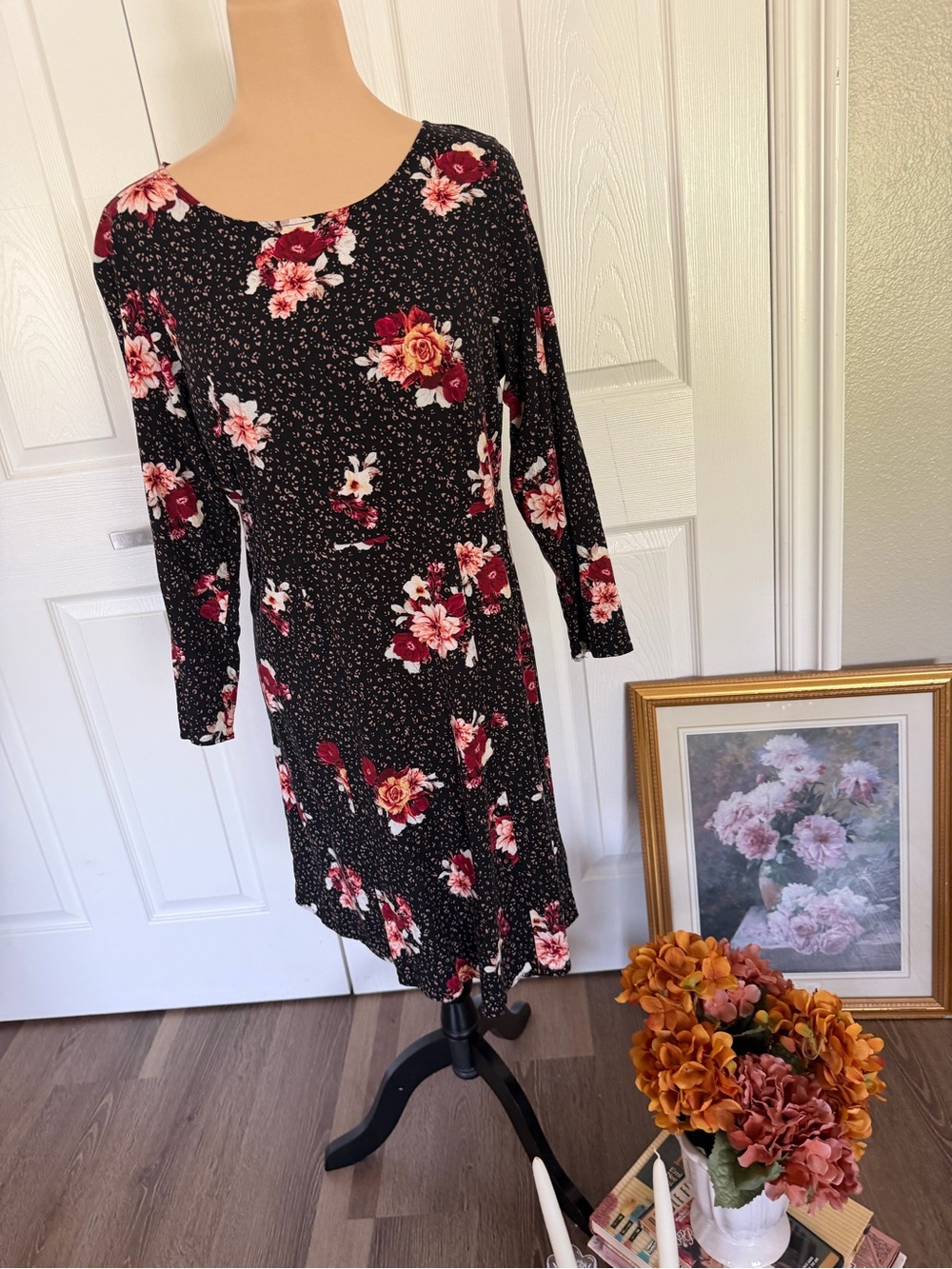 torrid Black Floral Scoop-Neck Dress with Pink and Burgundy Blooms